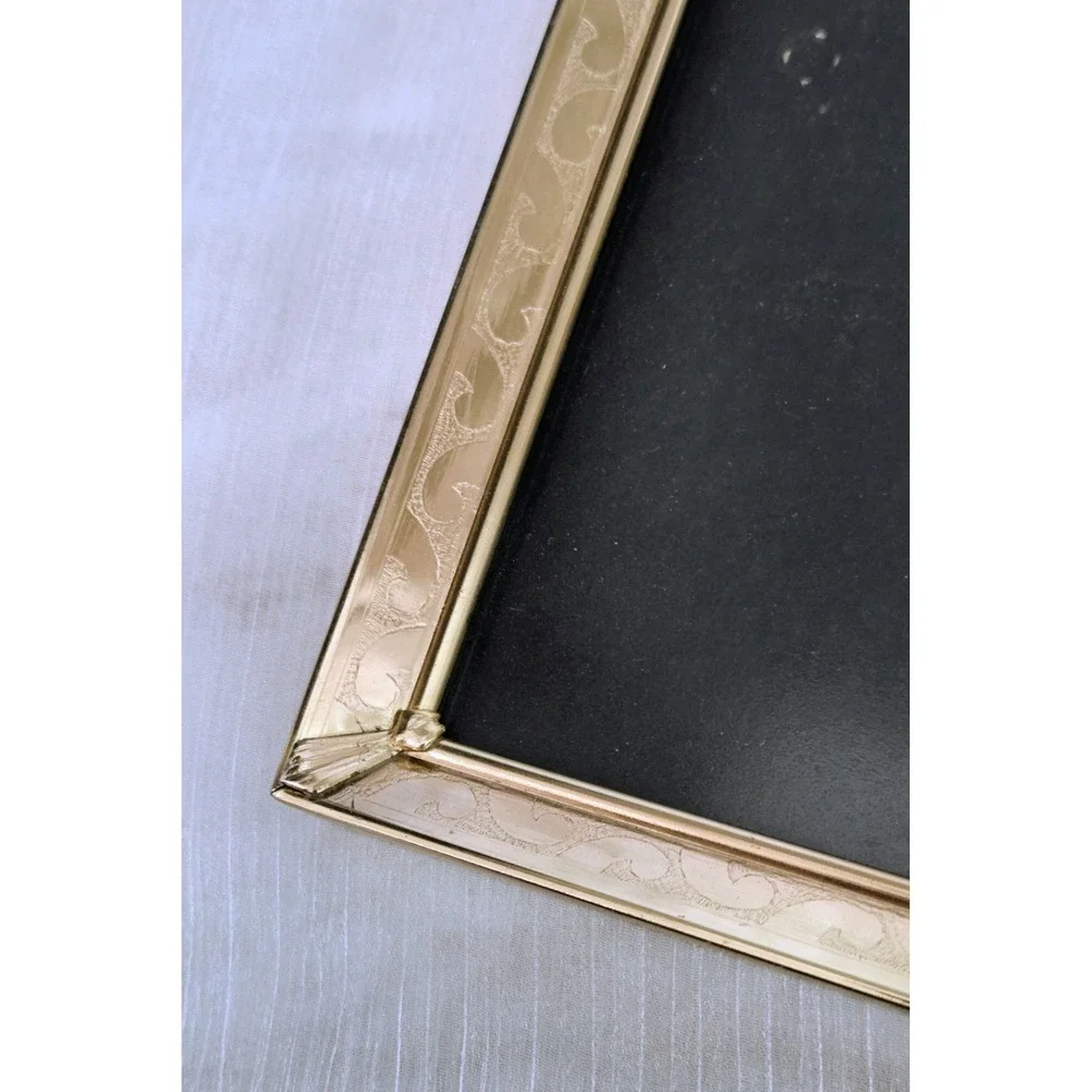 Vintage Etched Scroll‎ Brass Picture Photo Frame 8x10 Shiny Gold Tone Footed MCM